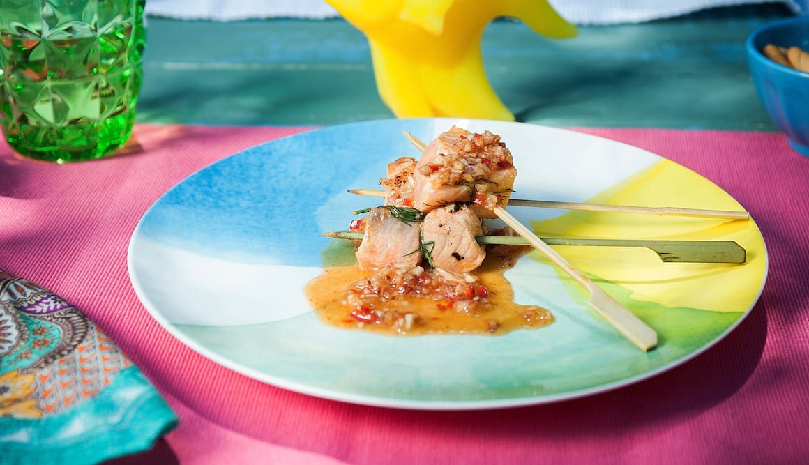 Brochetas de Salmón Noruego fresco con marinado de cítricos y miel by Hung Fai