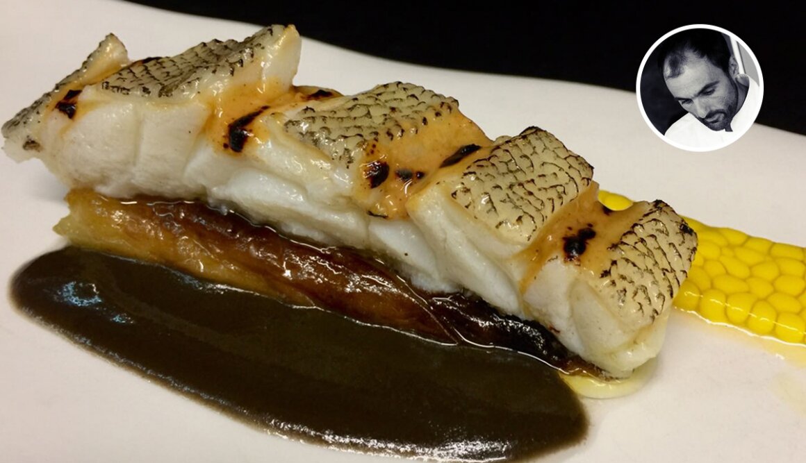 Skrei con berenjena, maíz y aceitunas