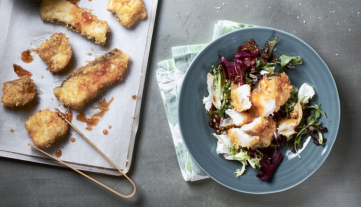 Bacalao Noruego tradicional rebozado con salsa agridulce