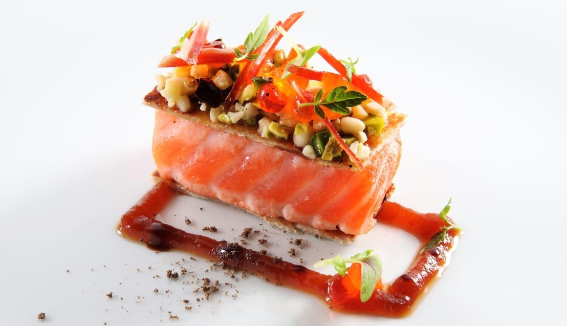 Taco de Trucha del Fiordo de Noruega fresco en escabeche con cremolata