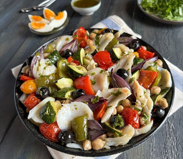 Ensalada de Bacalao Noruego con vegetales asados