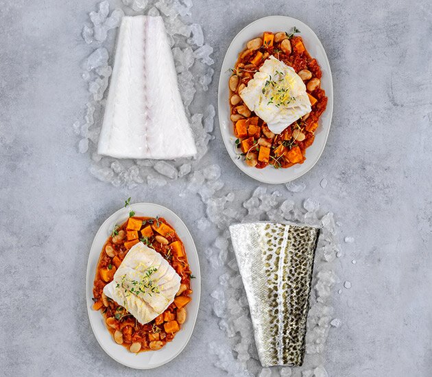 Skrei salteado con fabes, patata dulce y tomillo